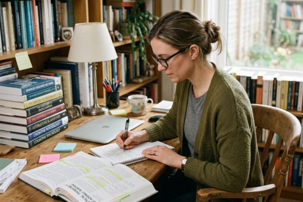 Woman writing notes at desk with open academic books and bookshelves
